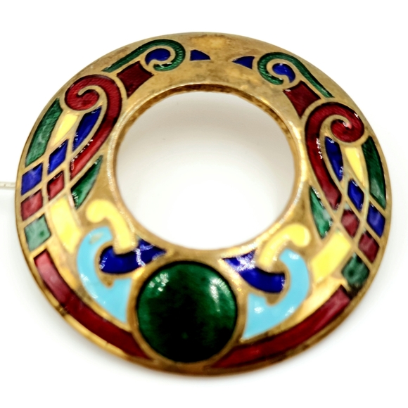 60's Copper Enamel Guilloche Brooch - Picture 1 of 14